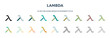 lambda icon in 18 different styles such as thin line, thick line, two color, glyph, colorful, lineal color, detailed, stroke and gradient. set of lambda vector for web, mobile, ui