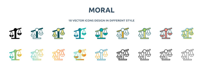 Poster - moral icon in 18 different styles such as thin line, thick line, two color, glyph, colorful, lineal color, detailed, stroke and gradient. set of moral vector for web, mobile, ui