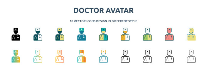 Poster - doctor avatar icon in 18 different styles such as thin line, thick line, two color, glyph, colorful, lineal color, detailed, stroke and gradient. set of doctor avatar vector for web, mobile, ui