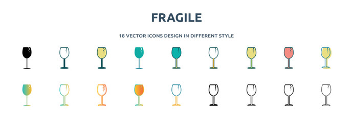 Poster - fragile icon in 18 different styles such as thin line, thick line, two color, glyph, colorful, lineal color, detailed, stroke and gradient. set of fragile vector for web, mobile, ui