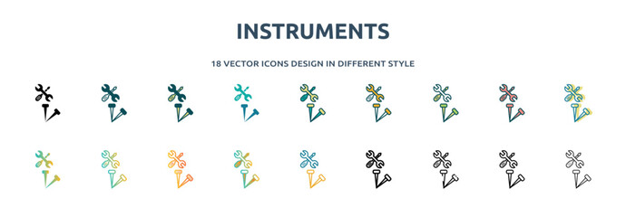 instruments icon in 18 different styles such as thin line, thick line, two color, glyph, colorful, lineal color, detailed, stroke and gradient. set of instruments vector for web, mobile, ui