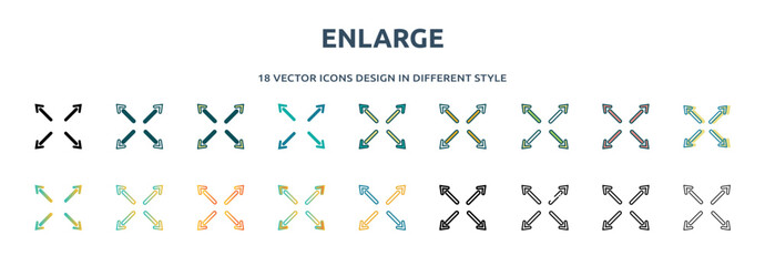 Poster - enlarge icon in 18 different styles such as thin line, thick line, two color, glyph, colorful, lineal color, detailed, stroke and gradient. set of enlarge vector for web, mobile, ui