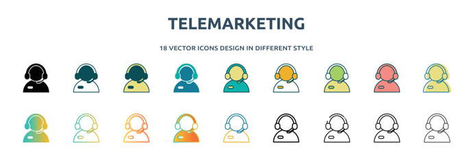 Poster - telemarketing icon in 18 different styles such as thin line, thick line, two color, glyph, colorful,