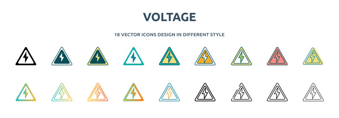 Poster - voltage icon in 18 different styles such as thin line, thick line, two color, glyph, colorful, lineal color, detailed, stroke and gradient. set of voltage vector for web, mobile, ui
