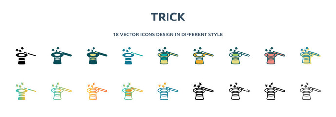 Wall Mural - trick icon in 18 different styles such as thin line, thick line, two color, glyph, colorful, lineal color, detailed, stroke and gradient. set of trick vector for web, mobile, ui