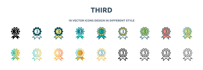 Poster - third icon in 18 different styles such as thin line, thick line, two color, glyph, colorful, lineal color, detailed, stroke and gradient. set of third vector for web, mobile, ui
