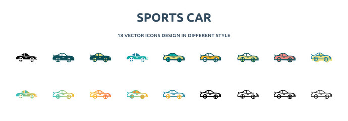 Poster - sports car icon in 18 different styles such as thin line, thick line, two color, glyph, colorful, lineal color, detailed, stroke and gradient. set of sports car vector for web, mobile, ui