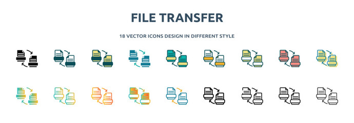 Poster - file transfer icon in 18 different styles such as thin line, thick line, two color, glyph, colorful,