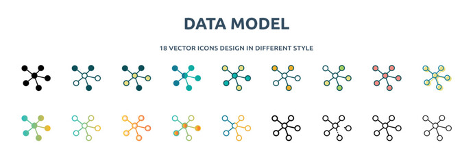 Poster - data model icon in 18 different styles such as thin line, thick line, two color, glyph, colorful, lineal color, detailed, stroke and gradient. set of data model vector for web, mobile, ui
