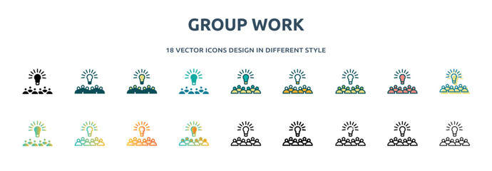 Poster - group work icon in 18 different styles such as thin line, thick line, two color, glyph, colorful, li