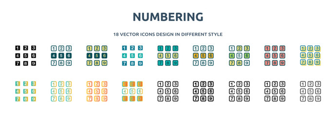 Aufkleber - numbering icon in 18 different styles such as thin line, thick line, two color, glyph, colorful, lineal color, detailed, stroke and gradient. set of numbering vector for web, mobile, ui