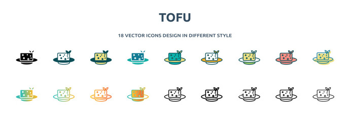 Poster - tofu icon in 18 different styles such as thin line, thick line, two color, glyph, colorful, lineal color, detailed, stroke and gradient. set of tofu vector for web, mobile, ui