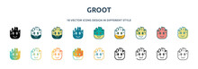 Groot Icon In 18 Different Styles Such As Thin Line, Thick Line, Two Color, Glyph, Colorful, Lineal Color, Detailed, Stroke And Gradient. Set Of Groot Vector For Web, Mobile, Ui