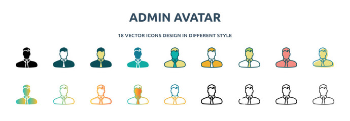 Poster - admin avatar icon in 18 different styles such as thin line, thick line, two color, glyph, colorful, lineal color, detailed, stroke and gradient. set of admin avatar vector for web, mobile, ui