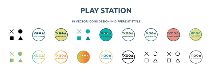 Poster - play station icon in 18 different styles such as thin line, thick line, two color, glyph, colorful, 