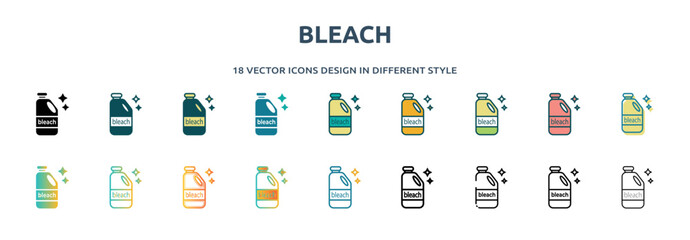 Poster - bleach icon in 18 different styles such as thin line, thick line, two color, glyph, colorful, lineal color, detailed, stroke and gradient. set of bleach vector for web, mobile, ui