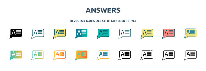 Poster - answers icon in 18 different styles such as thin line, thick line, two color, glyph, colorful, lineal color, detailed, stroke and gradient. set of answers vector for web, mobile, ui