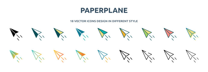 paperplane icon in 18 different styles such as thin line, thick line, two color, glyph, colorful, lineal color, detailed, stroke and gradient. set of paperplane vector for web, mobile, ui