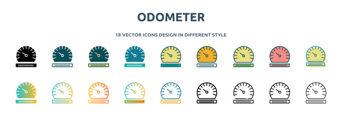 Poster - odometer icon in 18 different styles such as thin line, thick line, two color, glyph, colorful, lineal color, detailed, stroke and gradient. set of odometer vector for web, mobile, ui