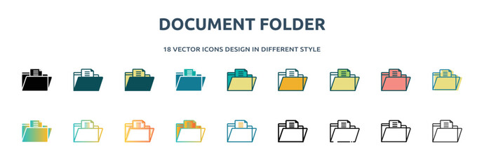 Poster - document folder icon in 18 different styles such as thin line, thick line, two color, glyph, colorful, lineal color, detailed, stroke and gradient. set of document folder vector for web, mobile, ui