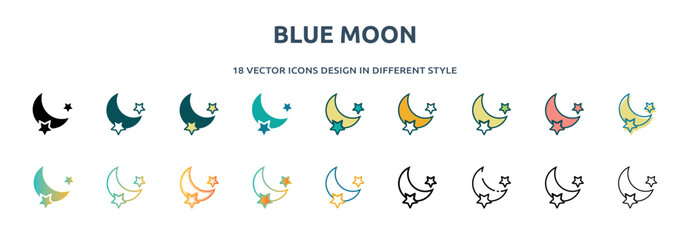 Poster - blue moon icon in 18 different styles such as thin line, thick line, two color, glyph, colorful, lineal color, detailed, stroke and gradient. set of blue moon vector for web, mobile, ui