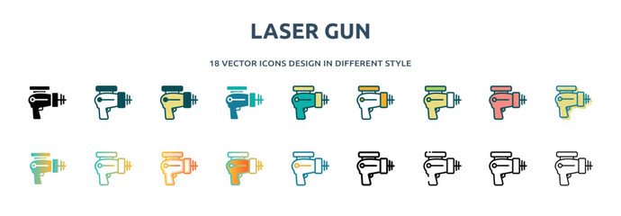 Poster - laser gun icon in 18 different styles such as thin line, thick line, two color, glyph, colorful, lineal color, detailed, stroke and gradient. set of laser gun vector for web, mobile, ui