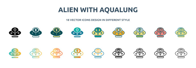 Poster - alien with aqualung icon in 18 different styles such as thin line, thick line, two color, glyph, colorful, lineal color, detailed, stroke and gradient. set of alien with aqualung vector for web,