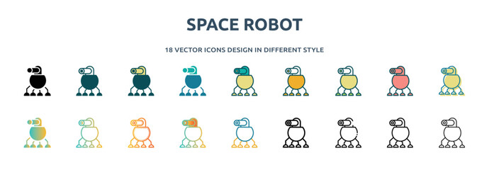 Poster - space robot icon in 18 different styles such as thin line, thick line, two color, glyph, colorful, lineal color, detailed, stroke and gradient. set of space robot vector for web, mobile, ui