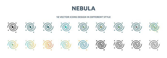 Poster - nebula icon in 18 different styles such as thin line, thick line, two color, glyph, colorful, lineal color, detailed, stroke and gradient. set of nebula vector for web, mobile, ui