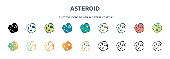 asteroid icon in 18 different styles such as thin line, thick line, two color, glyph, colorful, lineal color, detailed, stroke and gradient. set of asteroid vector for web, mobile, ui