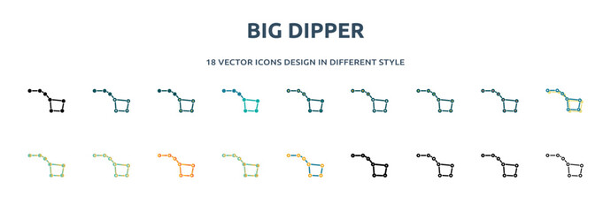 big dipper icon in 18 different styles such as thin line, thick line, two color, glyph, colorful, lineal color, detailed, stroke and gradient. set of big dipper vector for web, mobile, ui