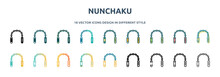 Nunchaku Icon In 18 Different Styles Such As Thin Line, Thick Line, Two Color, Glyph, Colorful, Lineal Color, Detailed, Stroke And Gradient. Set Of Nunchaku Vector For Web, Mobile, Ui