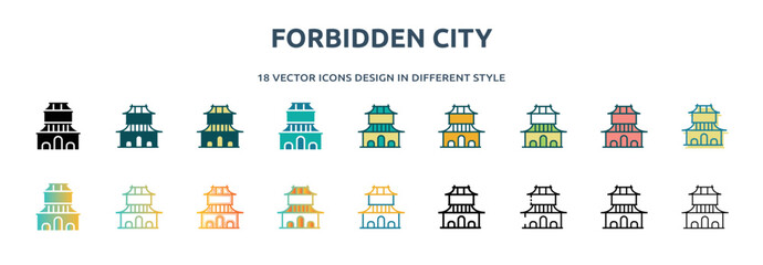 forbidden city icon in 18 different styles such as thin line, thick line, two color, glyph, colorful, lineal color, detailed, stroke and gradient. set of forbidden city vector for web, mobile, ui