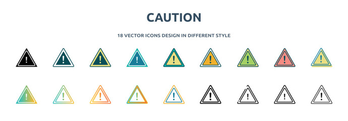 Poster - caution icon in 18 different styles such as thin line, thick line, two color, glyph, colorful, lineal color, detailed, stroke and gradient. set of caution vector for web, mobile, ui