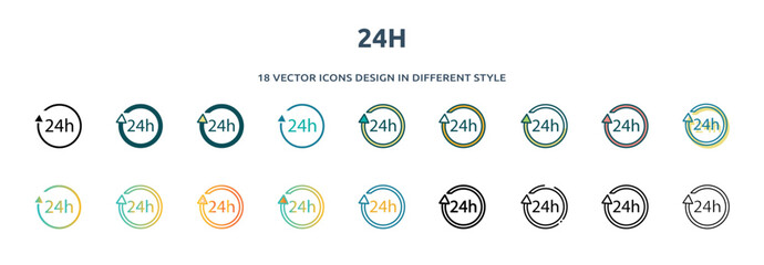Poster - 24h icon in 18 different styles such as thin line, thick line, two color, glyph, colorful, lineal co