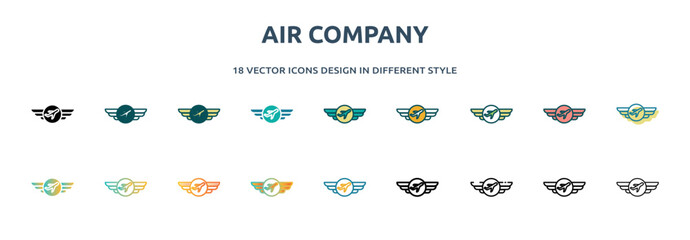 Poster - air company icon in 18 different styles such as thin line, thick line, two color, glyph, colorful, lineal color, detailed, stroke and gradient. set of air company vector for web, mobile, ui