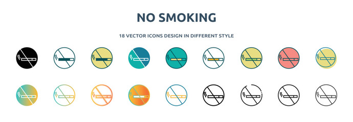 Poster - no smoking icon in 18 different styles such as thin line, thick line, two color, glyph, colorful, lineal color, detailed, stroke and gradient. set of no smoking vector for web, mobile, ui