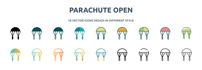 Poster - parachute open icon in 18 different styles such as thin line, thick line, two color, glyph, colorful, lineal color, detailed, stroke and gradient. set of parachute open vector for web, mobile, ui