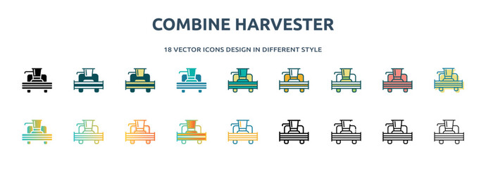 Poster - combine harvester icon in 18 different styles such as thin line, thick line, two color, glyph, colorful, lineal color, detailed, stroke and gradient. set of combine harvester vector for web, mobile,