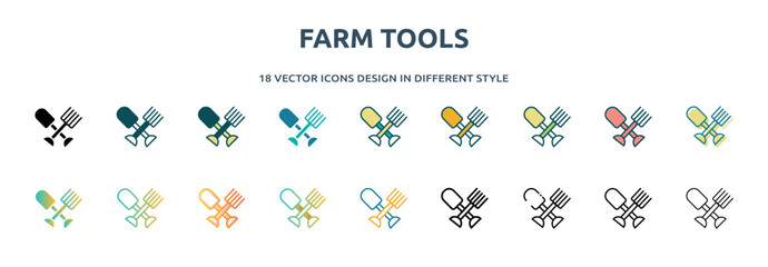 Poster - farm tools icon in 18 different styles such as thin line, thick line, two color, glyph, colorful, lineal color, detailed, stroke and gradient. set of farm tools vector for web, mobile, ui