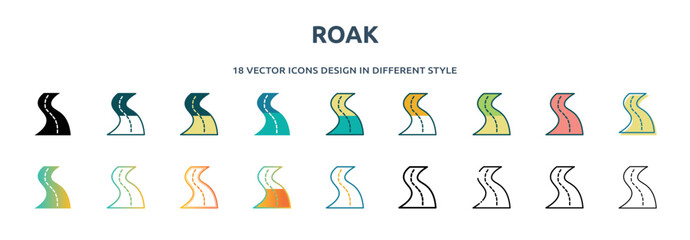 Poster - roak icon in 18 different styles such as thin line, thick line, two color, glyph, colorful, lineal color, detailed, stroke and gradient. set of roak vector for web, mobile, ui