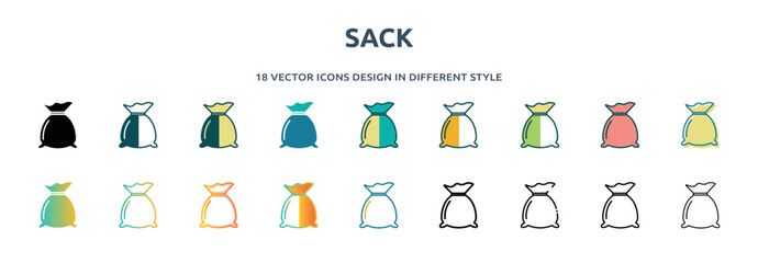 sack icon in 18 different styles such as thin line, thick line, two color, glyph, colorful, lineal color, detailed, stroke and gradient. set of sack vector for web, mobile, ui