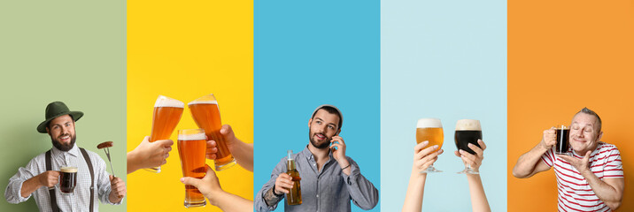 Poster - Octoberfest collage with men and fresh beer on color background