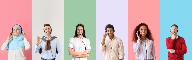 Poster - Set of technical support agents on color background