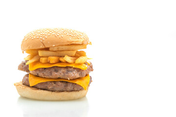 Sticker - pork hamburger or pork burger with cheese and french fries on white background