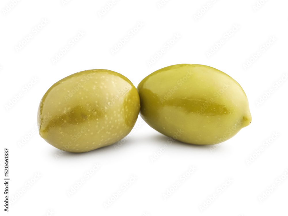 Tasty canned green olives isolated on white