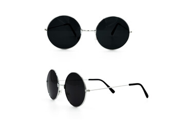 Closeup of black round sunglasses isolated on white background