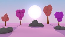 Low Poly Trees In Pink Color And Some Rock Set In The Evening Scene With Sunset Behind.