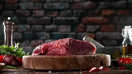 Sticker - Flying piece of raw beef steak falling on cutting board. Meat preparation in kitchen. Filmed on high speed cinema camera, 1000 fps.