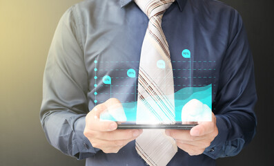 Poster - Businessman trader displaying a glowing virtual technical investment graph chart for stock market, banking financial, and planning concept analysis.